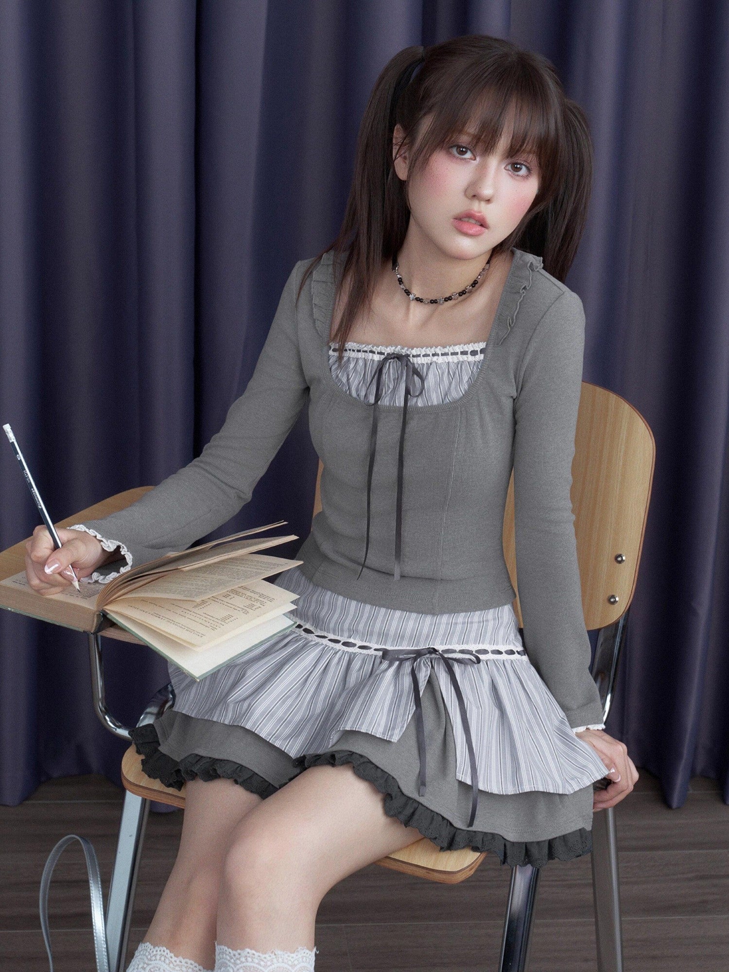 SagiDolls Blue Striped Tie Waist Front Slit Women's Polyester Blend A-line Skirts