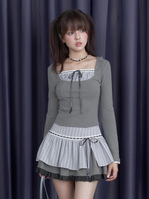 SagiDolls Blue Striped Tie Waist Front Slit Women's Polyester Blend A-line Skirts