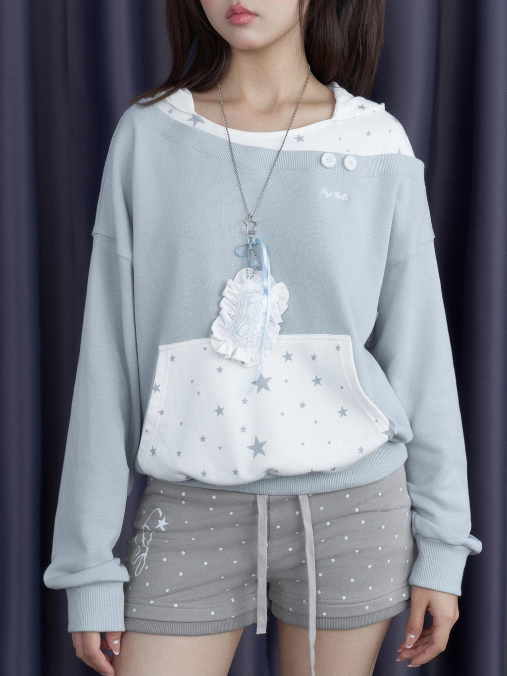 SagiDolls Blue White Star Print Embroidered Faux Layered Hooded Women's Cotton Hoodies