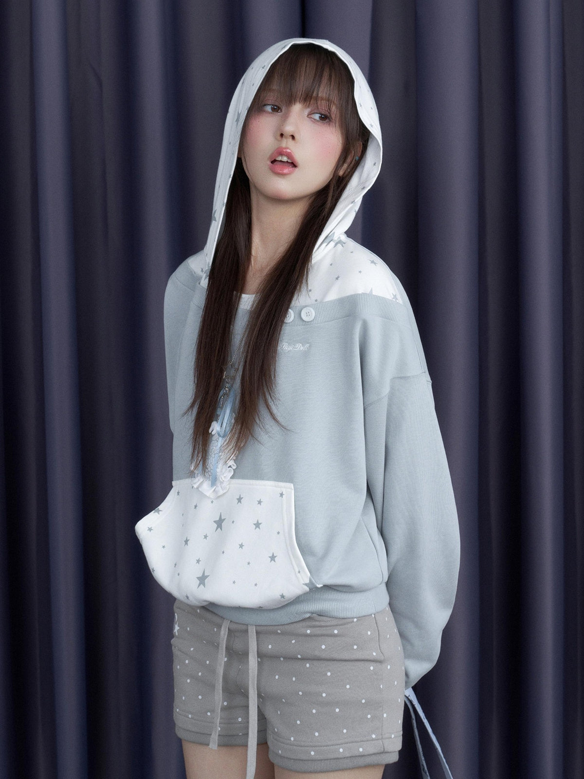SagiDolls Blue White Star Print Embroidered Faux Layered Hooded Women's Cotton Hoodies