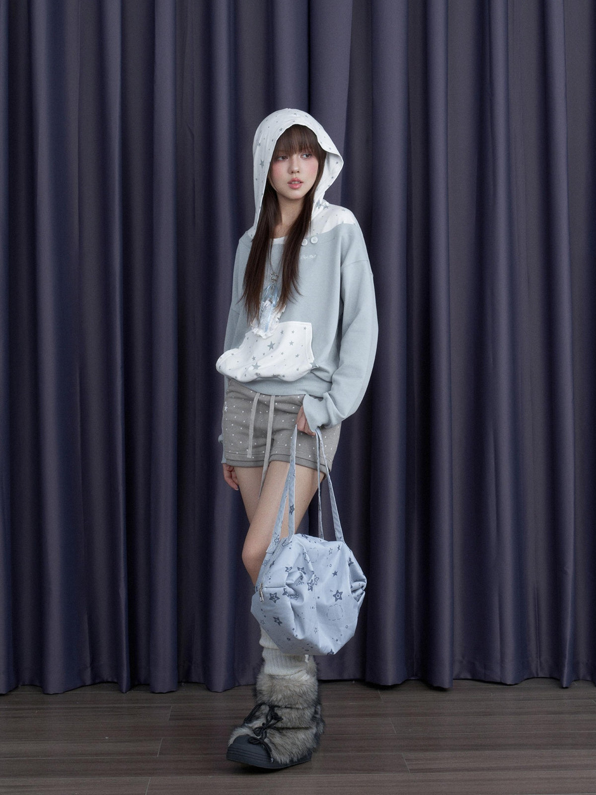 SagiDolls Blue White Star Print Embroidered Faux Layered Hooded Women's Cotton Hoodies