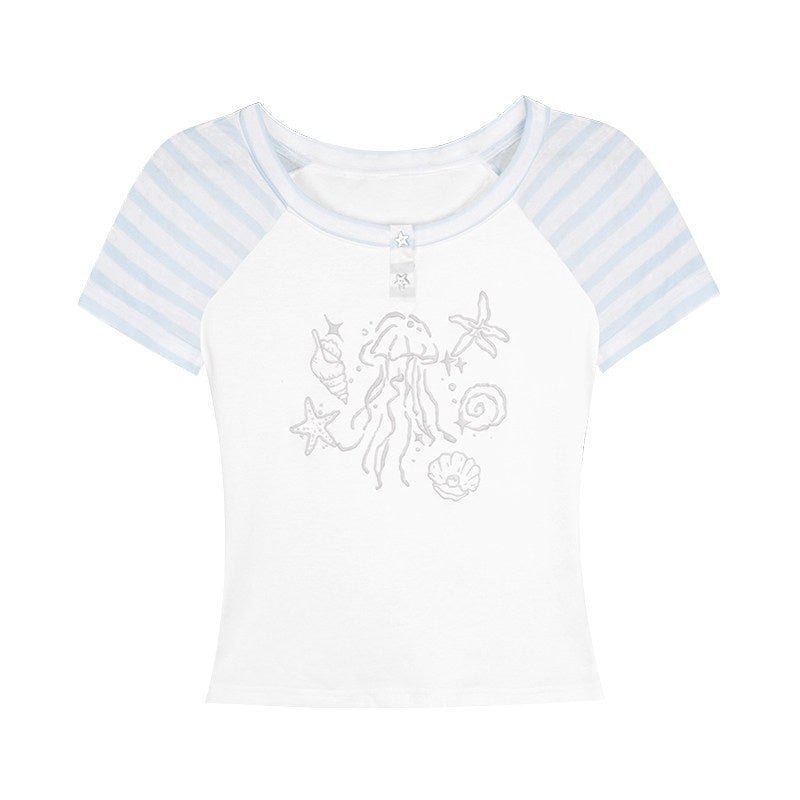 SagiDolls_Blue_White_Striped_Raglan_Ocean_Print_Women's_Cotton_Graphic_T-shirts_922839087126_MISSTT
