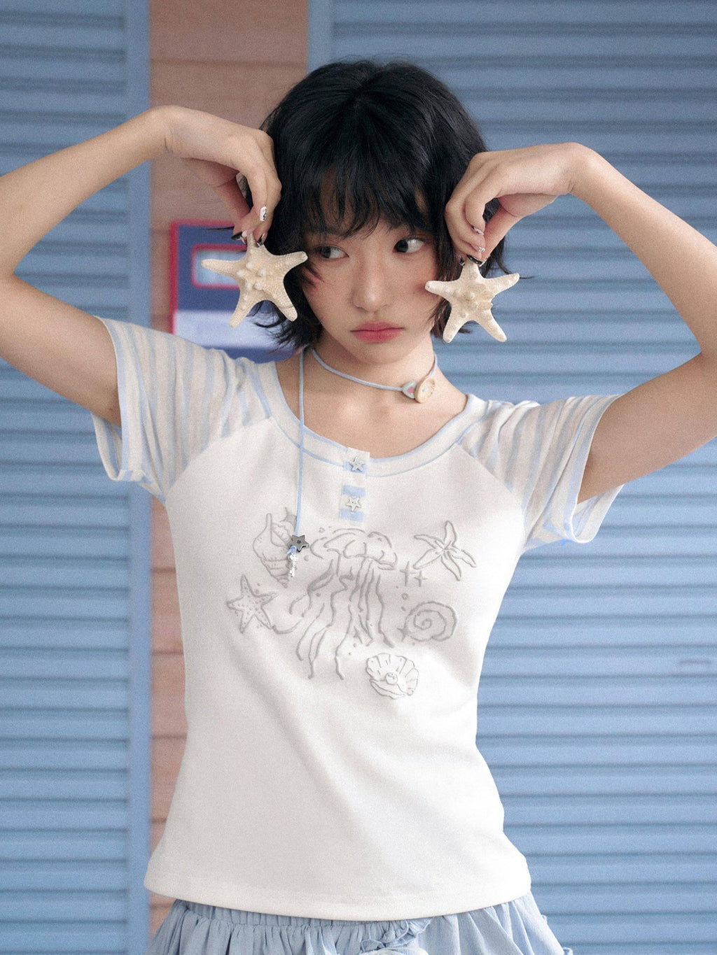 SagiDolls Blue White Striped Raglan Ocean Print Women's Cotton Graphic T-shirts