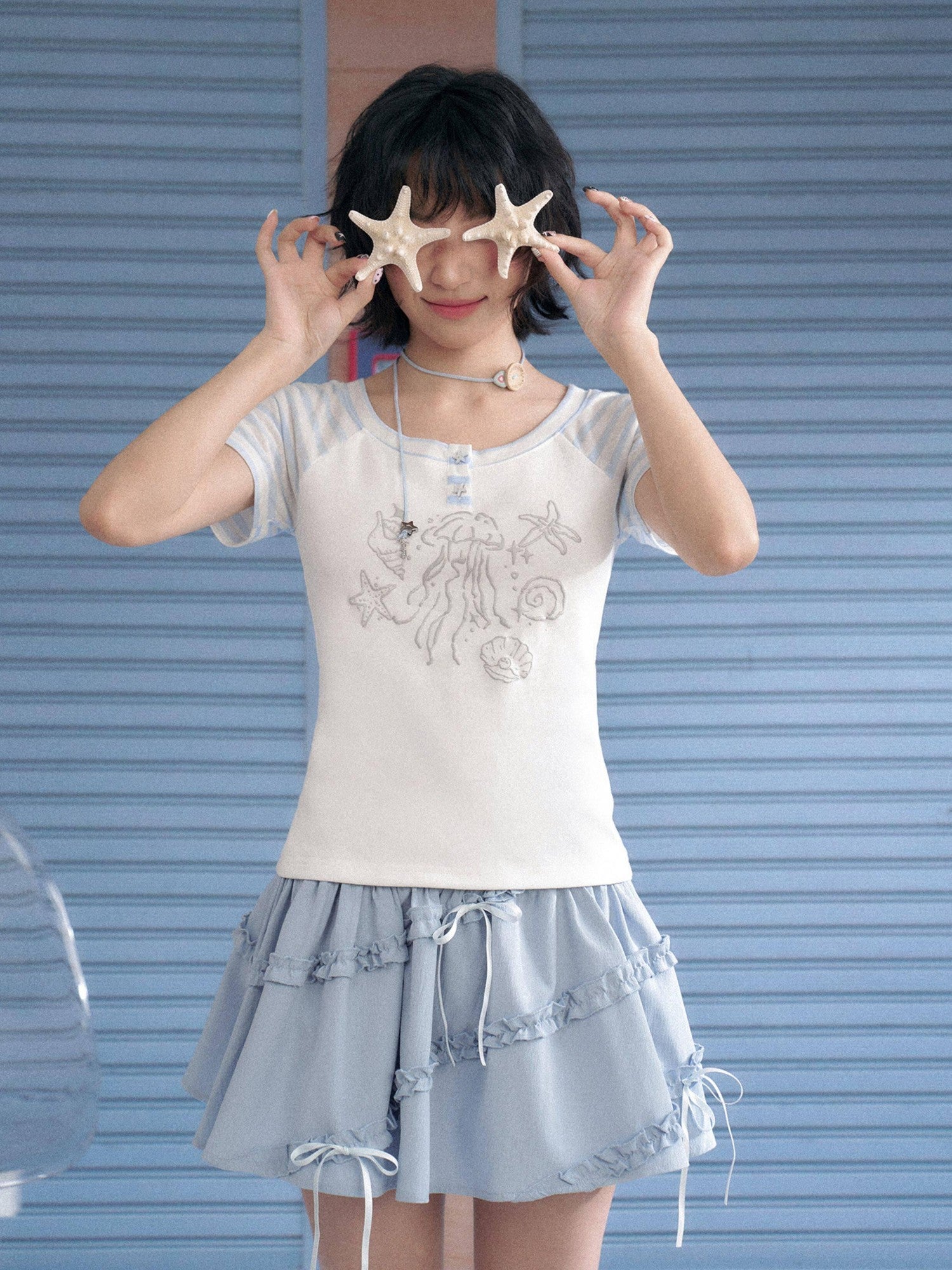 SagiDolls Blue White Striped Raglan Ocean Print Women's Cotton Graphic T-shirts