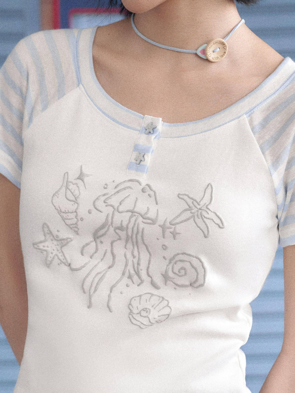 SagiDolls Blue White Striped Raglan Ocean Print Women's Cotton Graphic T-shirts