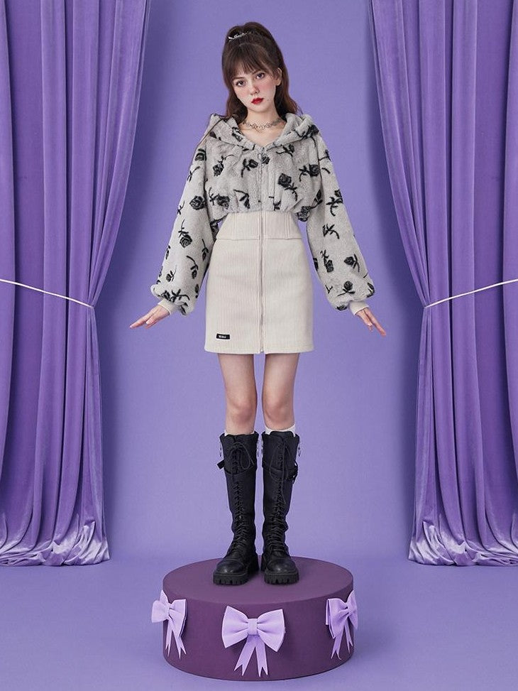 SagiDolls Boned Print High Waist Hooded Women's Faux Fur Corset Mini Dresses