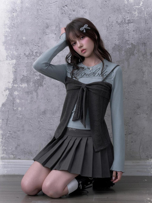 SagiDolls Bow Print Faux Two Piece Women's Viscose Long Sleeve T-shirts