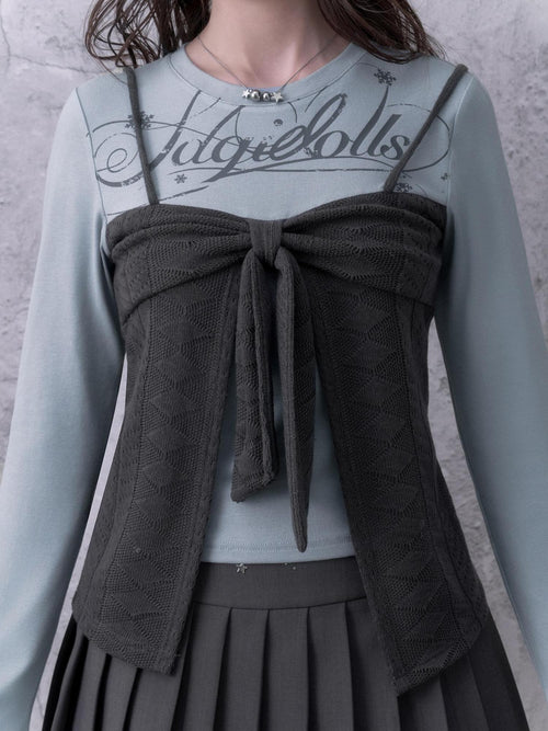 SagiDolls Bow Print Faux Two Piece Women's Viscose Long Sleeve T-shirts
