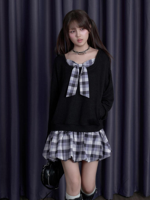 SagiDolls Bow Tie Faux Two Piece Bubble Hem Preppy Women's Polyester Casual Mini Dresses