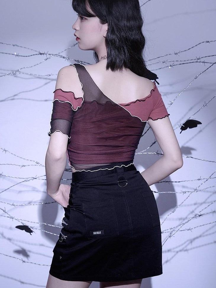 SagiDolls Brick Red Rose Asymmetrical Mesh Floral Print Women's Cotton Blend Crop Tops