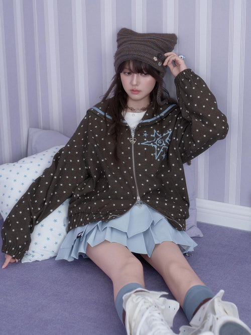 SagiDolls Brown Blue Swirl Star Sailor Collar Loose Fit Women's Polyester Casual Jackets