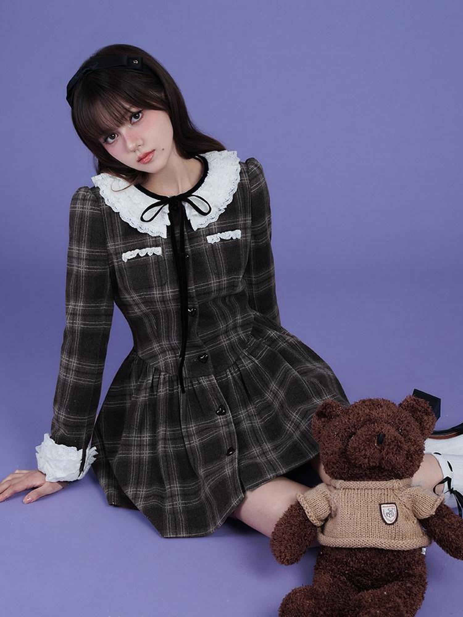 SagiDolls Brown Gray Plaid Tweed Lace Collar High Waist Women's Corset Mini Dresses