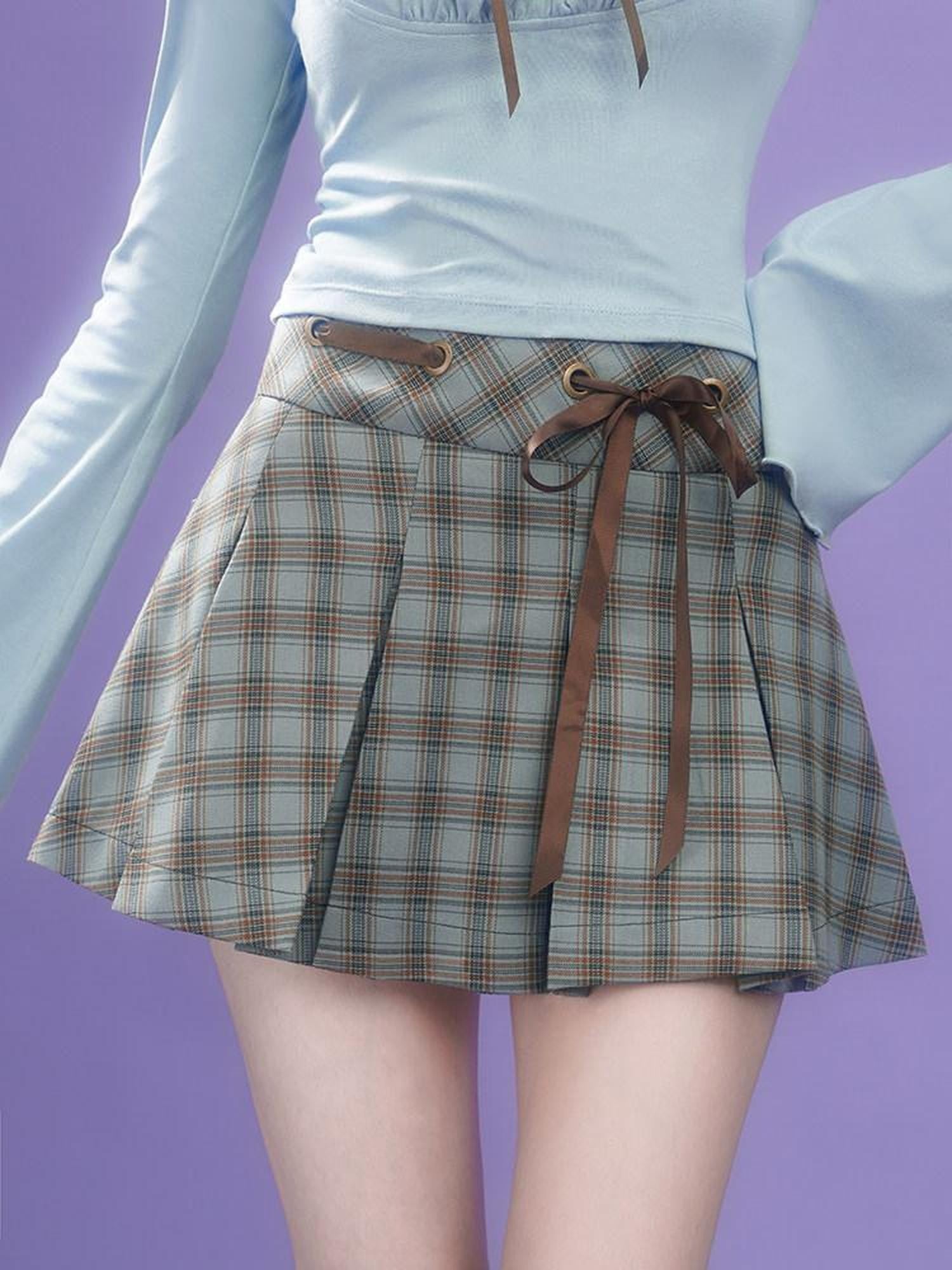 SagiDolls Brown Green Plaid Bow High Waist Handset Pleats Women's Pleated Skirts