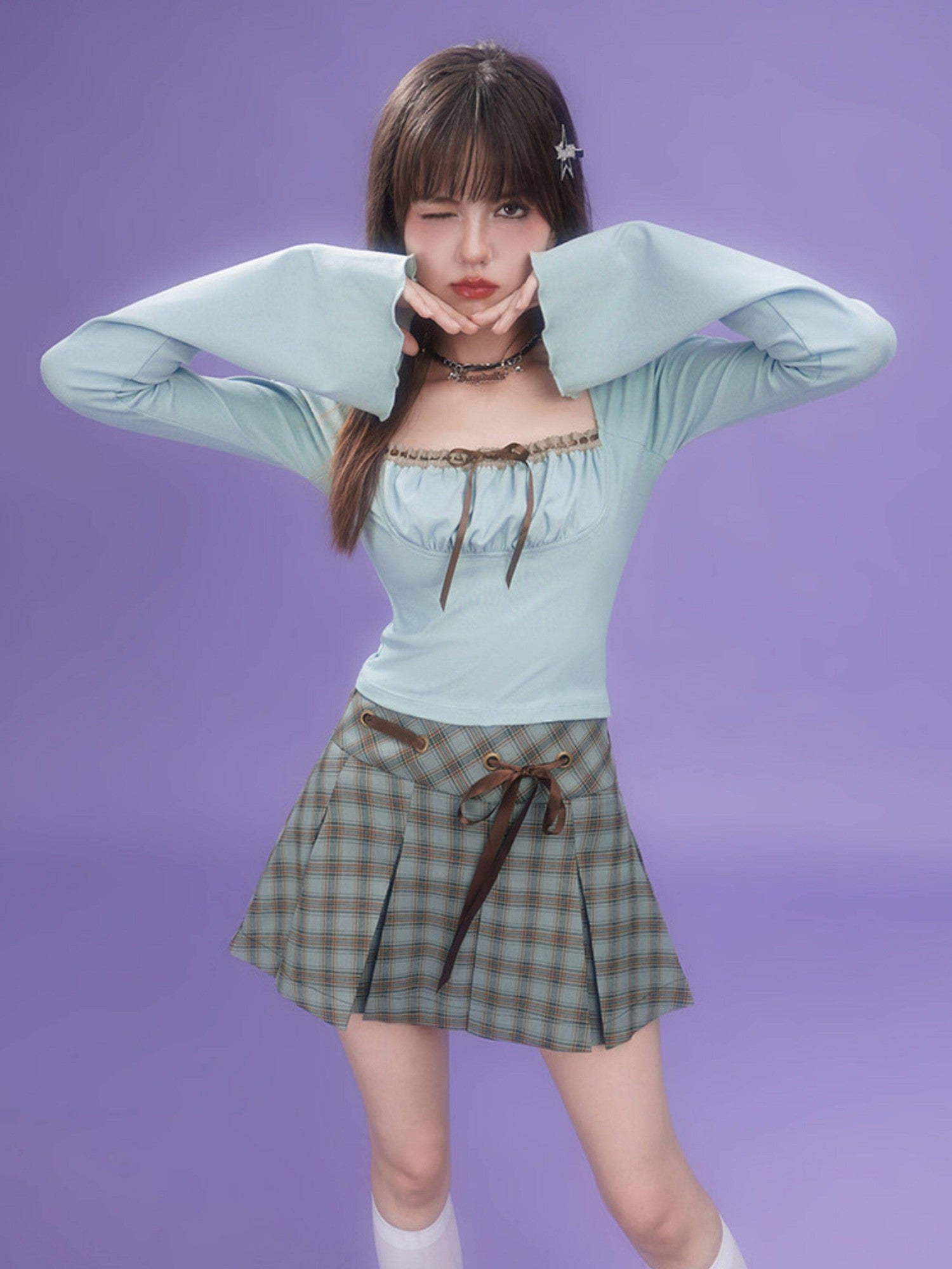 SagiDolls Brown Green Plaid Bow High Waist Handset Pleats Women's Pleated Skirts