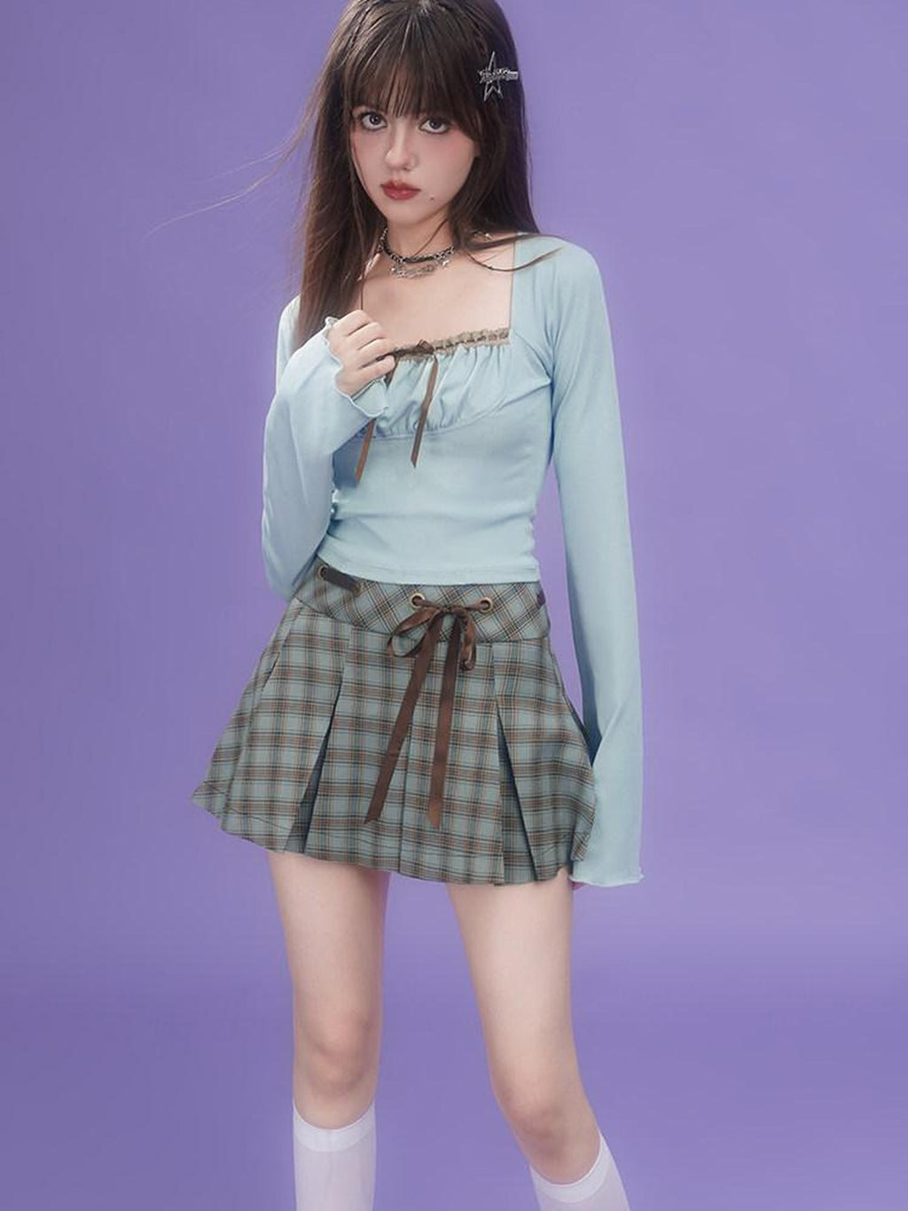 SagiDolls Brown Green Plaid Bow High Waist Handset Pleats Women's Pleated Skirts