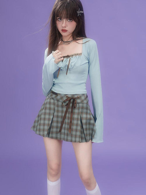 SagiDolls Brown Green Plaid Bow High Waist Handset Pleats Women's Pleated Skirts