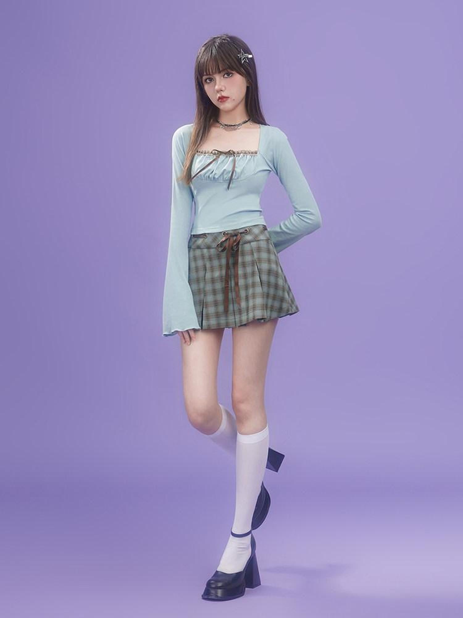 SagiDolls Brown Green Plaid Bow High Waist Handset Pleats Women's Pleated Skirts
