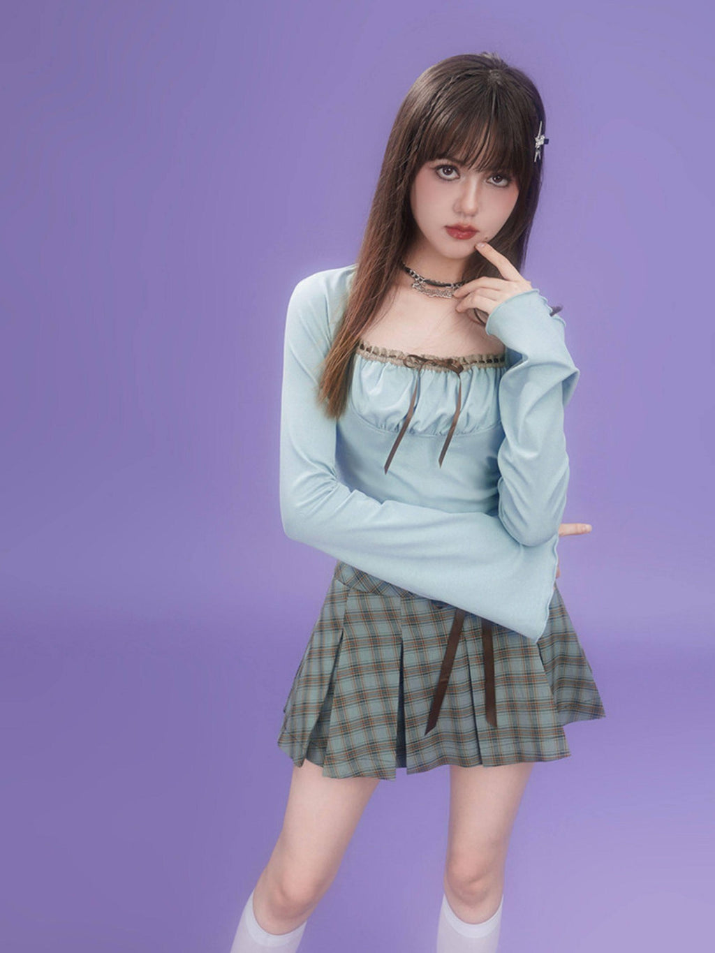 SagiDolls Brown Green Plaid Bow High Waist Handset Pleats Women's Pleated Skirts