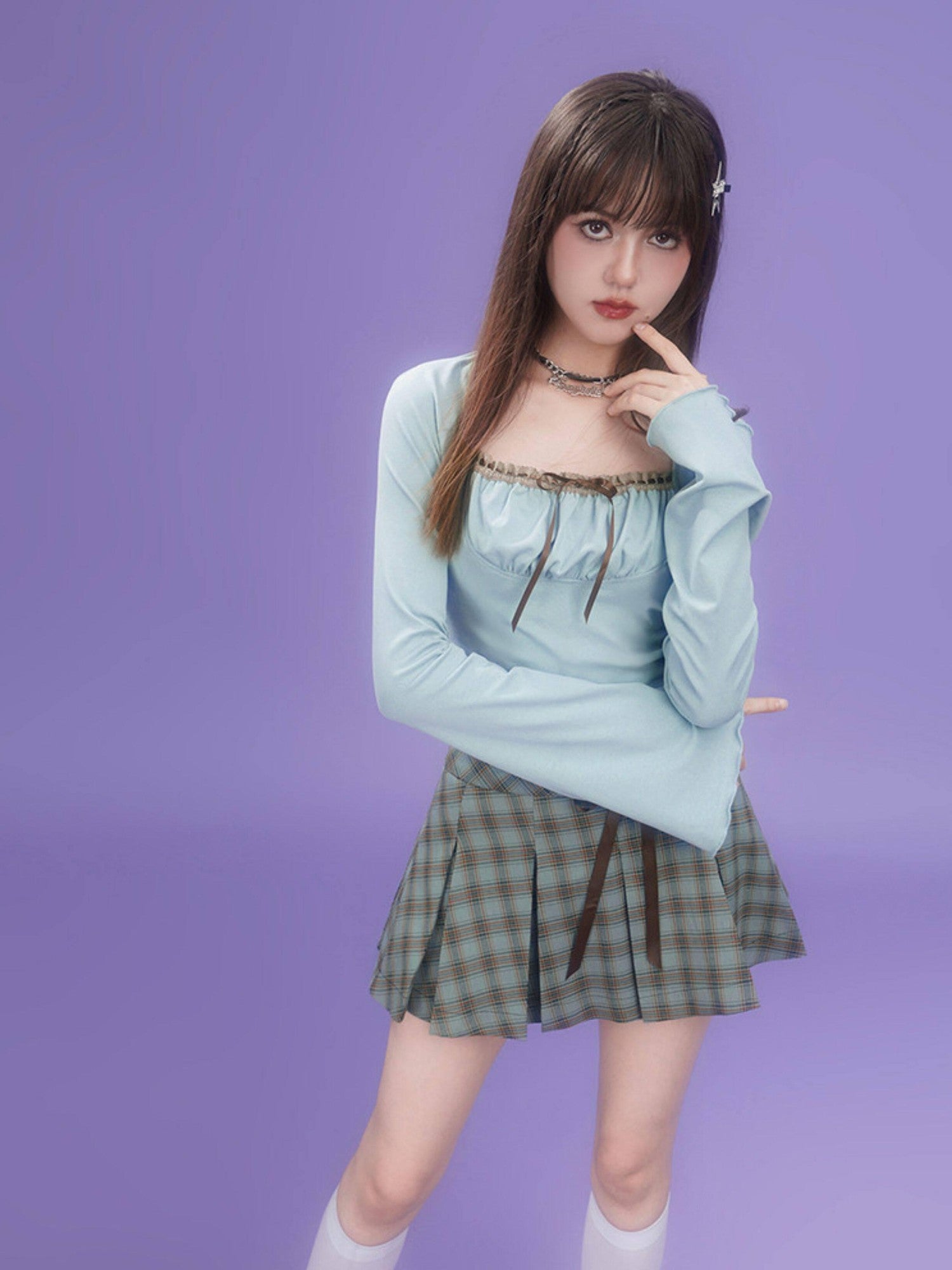 SagiDolls Brown Green Plaid Bow High Waist Handset Pleats Women's Pleated Skirts