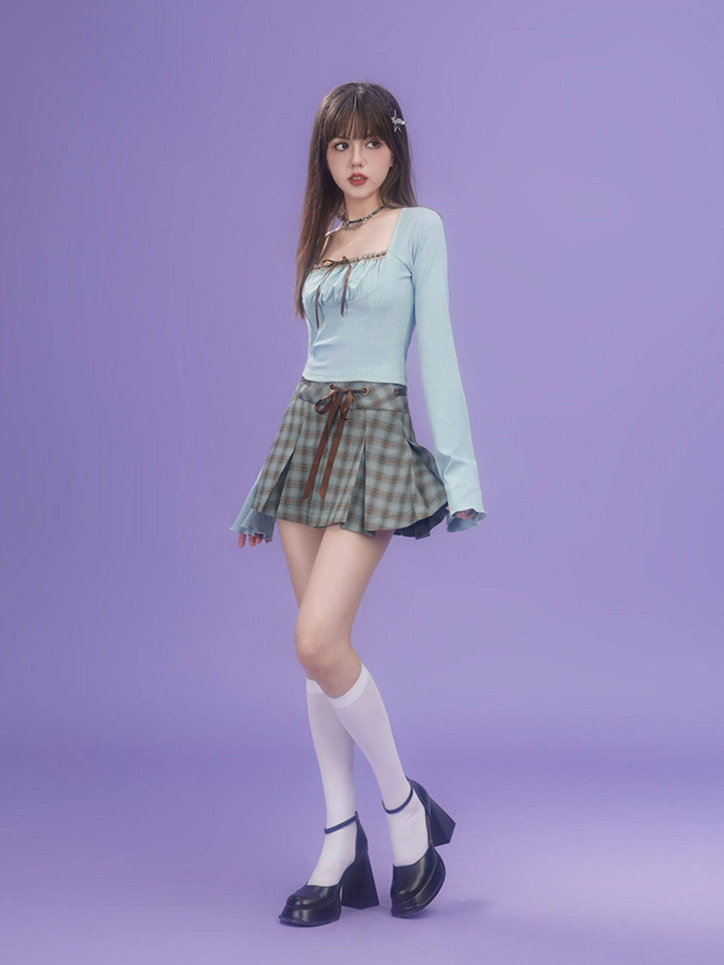 SagiDolls Brown Green Plaid Bow High Waist Handset Pleats Women's Pleated Skirts