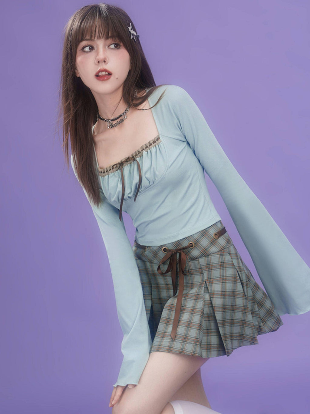 SagiDolls Brown Green Plaid Bow High Waist Handset Pleats Women's Pleated Skirts