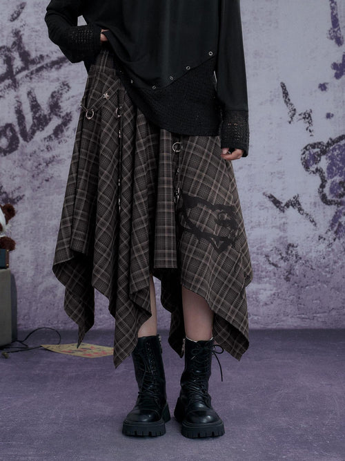 SagiDolls Brown Plaid Asymmetrical Metal Buckle Street Women's Polyester Blend Maxi Skirts