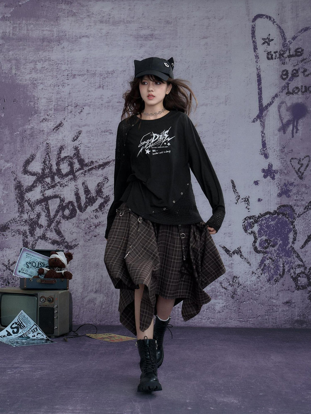 SagiDolls Brown Plaid Asymmetrical Metal Buckle Street Women's Polyester Blend Maxi Skirts
