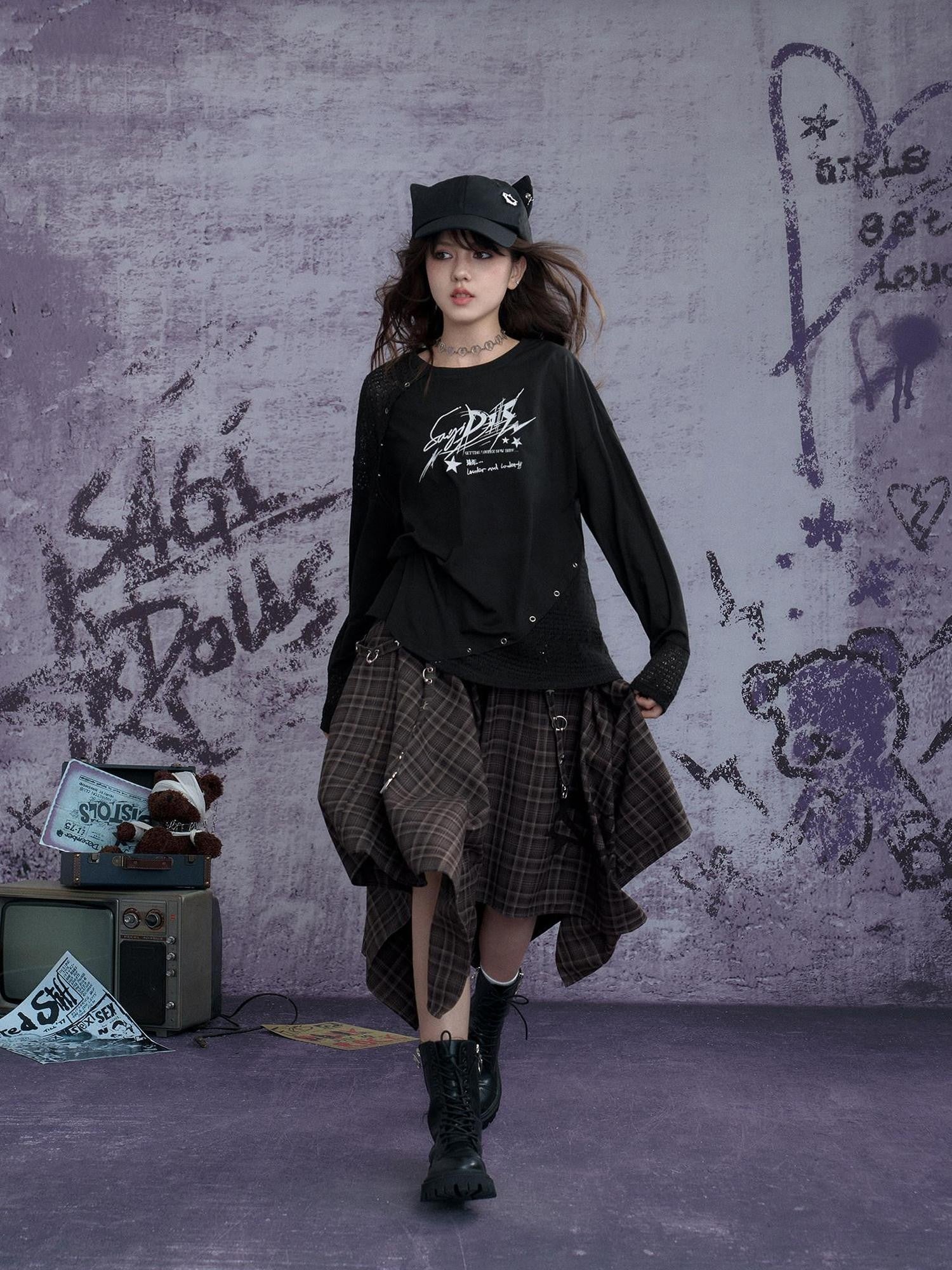 SagiDolls Brown Plaid Asymmetrical Metal Buckle Street Women's Polyester Blend Maxi Skirts