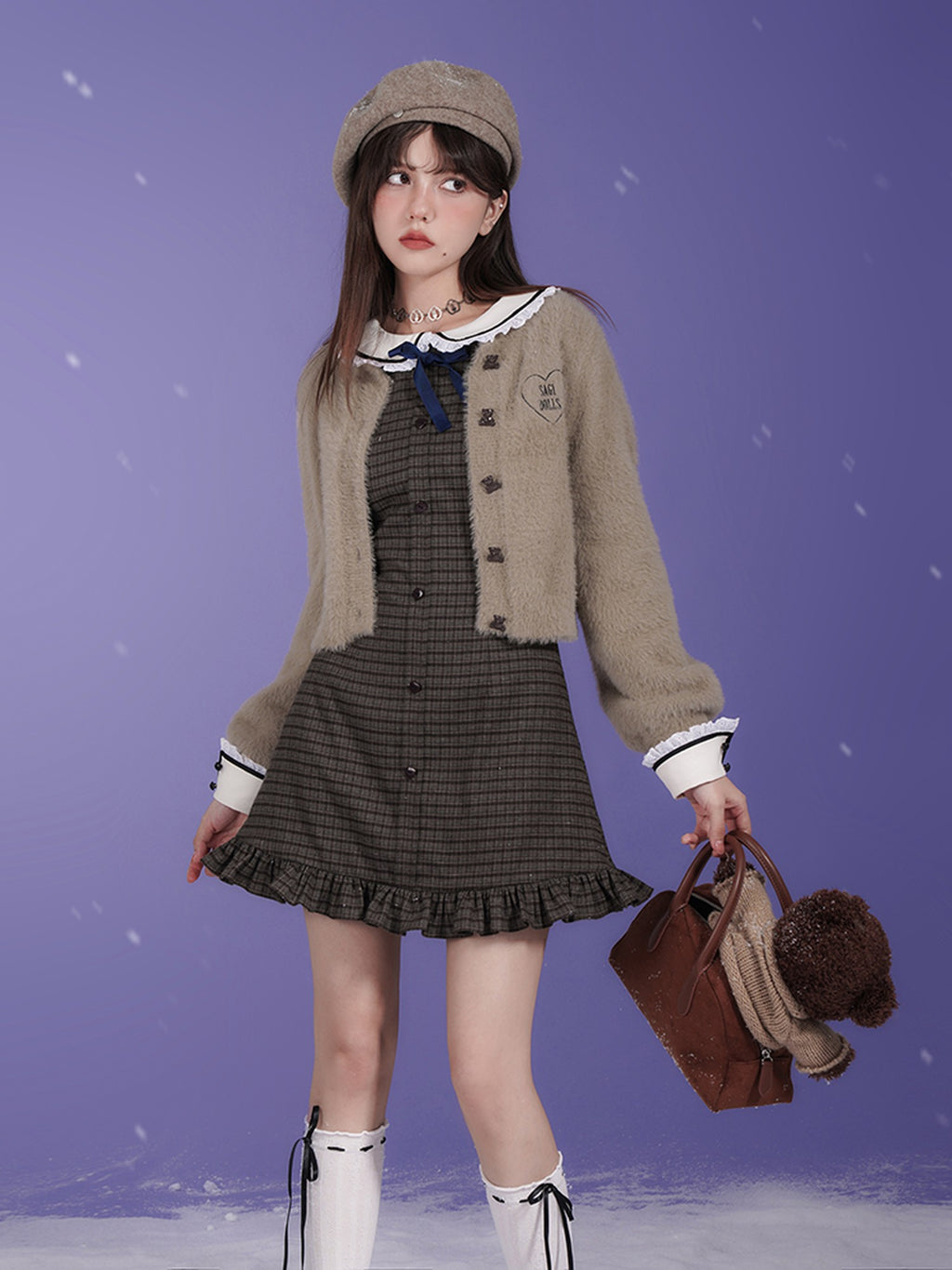 SagiDolls Brown Plaid Embroidered Doll Collar Women's Polyester Casual Mini Dresses