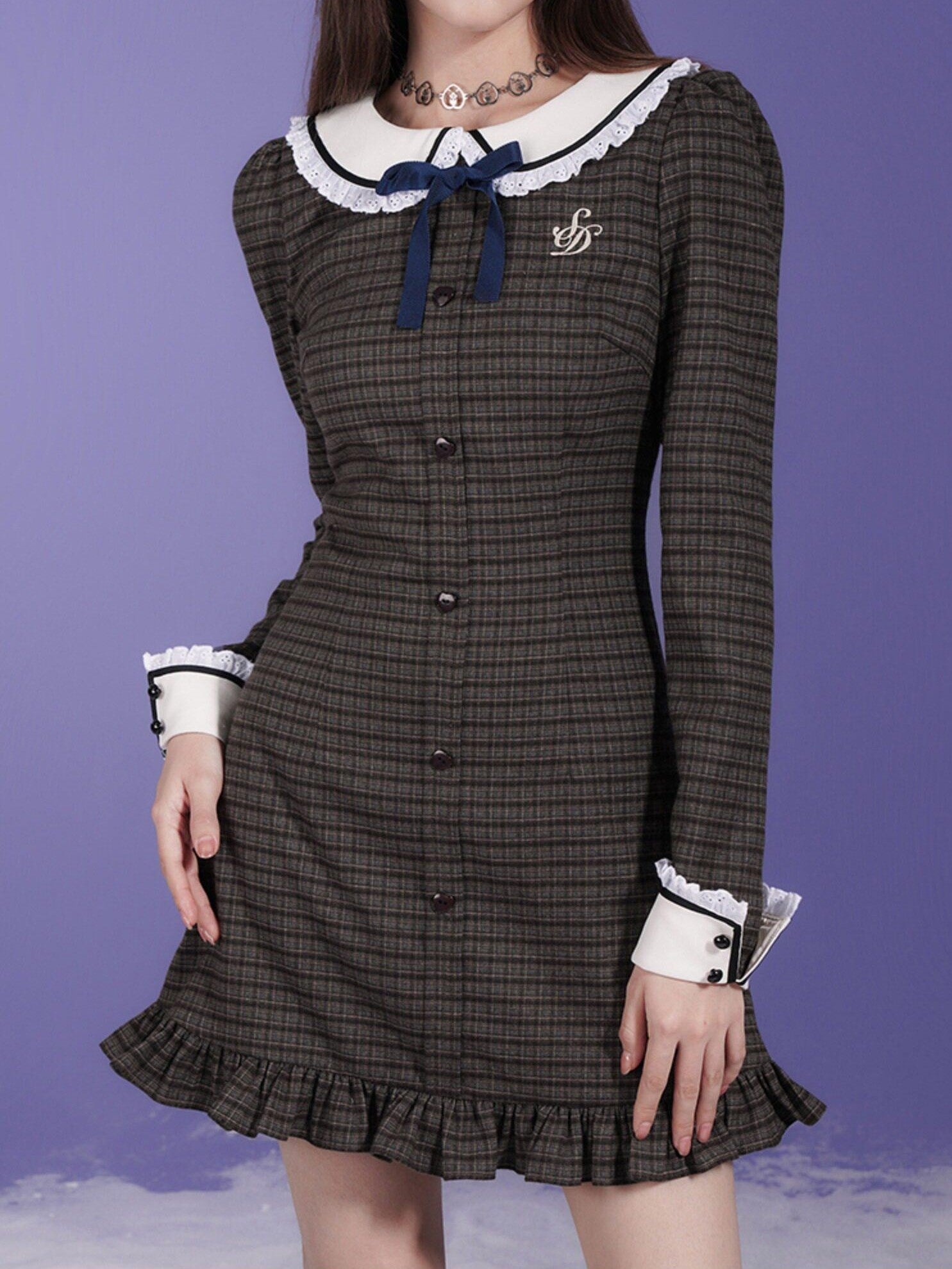 SagiDolls Brown Plaid Embroidered Doll Collar Women's Polyester Casual Mini Dresses