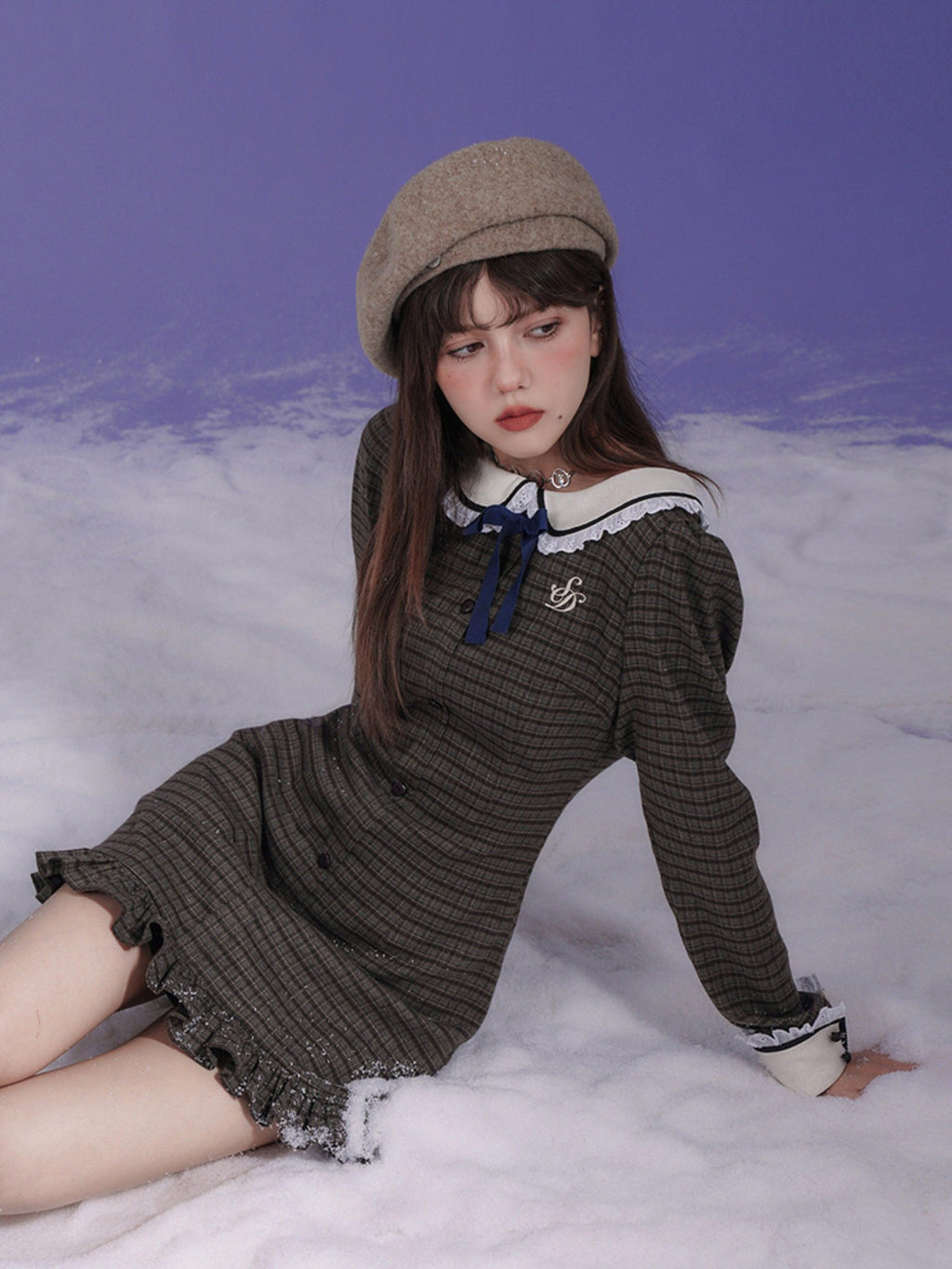 SagiDolls Brown Plaid Embroidered Doll Collar Women's Polyester Casual Mini Dresses