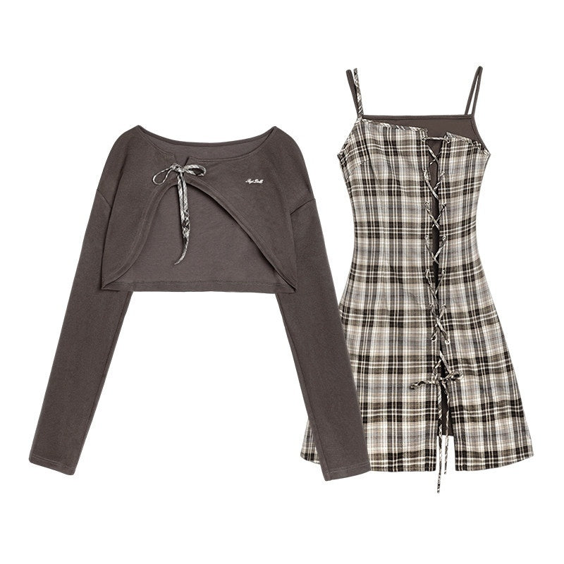 SagiDolls_Brown_Plaid_Spaghetti_Strap_Two_Piece_Waist_Cinch_Women's_Polyester_Camisoles_742056383459_MISSTT