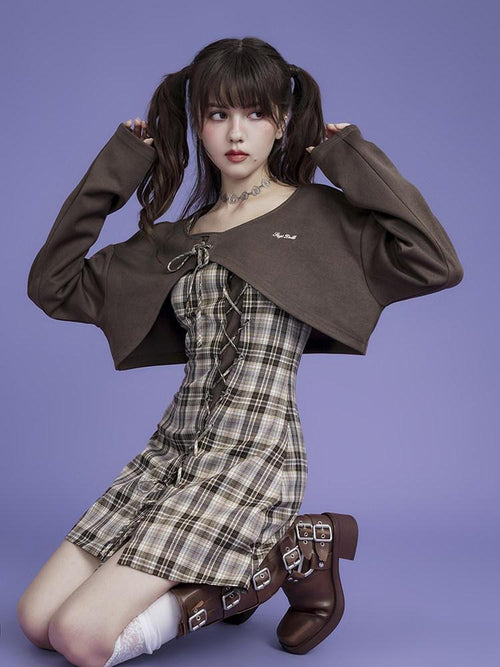 SagiDolls Brown Plaid Spaghetti Strap Two Piece Waist Cinch Women's Polyester Camisoles