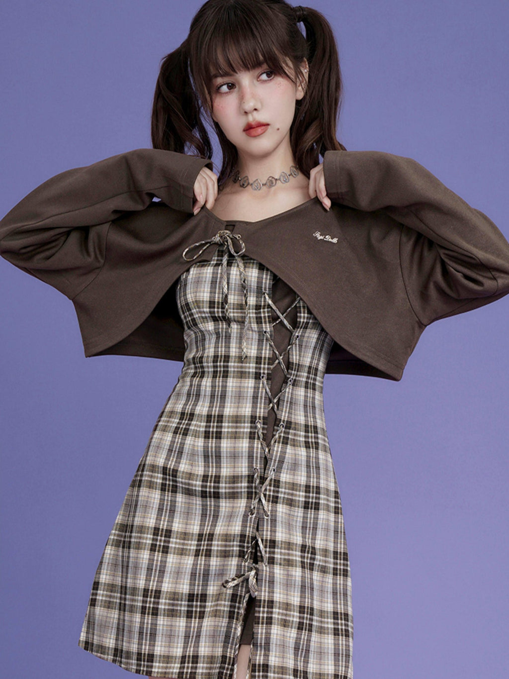 SagiDolls Brown Plaid Spaghetti Strap Two Piece Waist Cinch Women's Polyester Camisoles