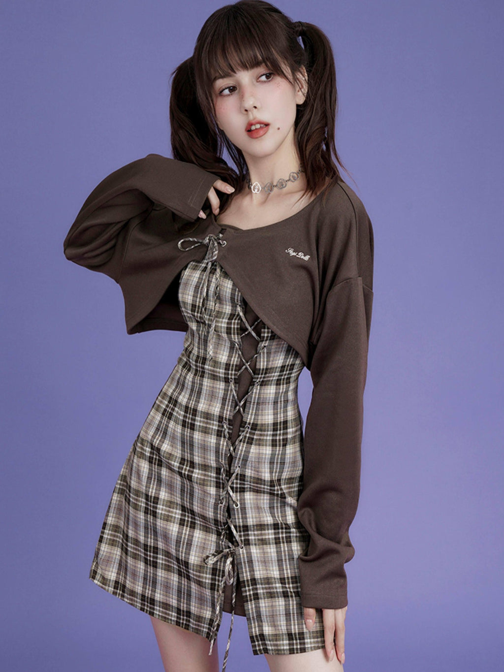 SagiDolls Brown Plaid Spaghetti Strap Two Piece Waist Cinch Women's Polyester Camisoles