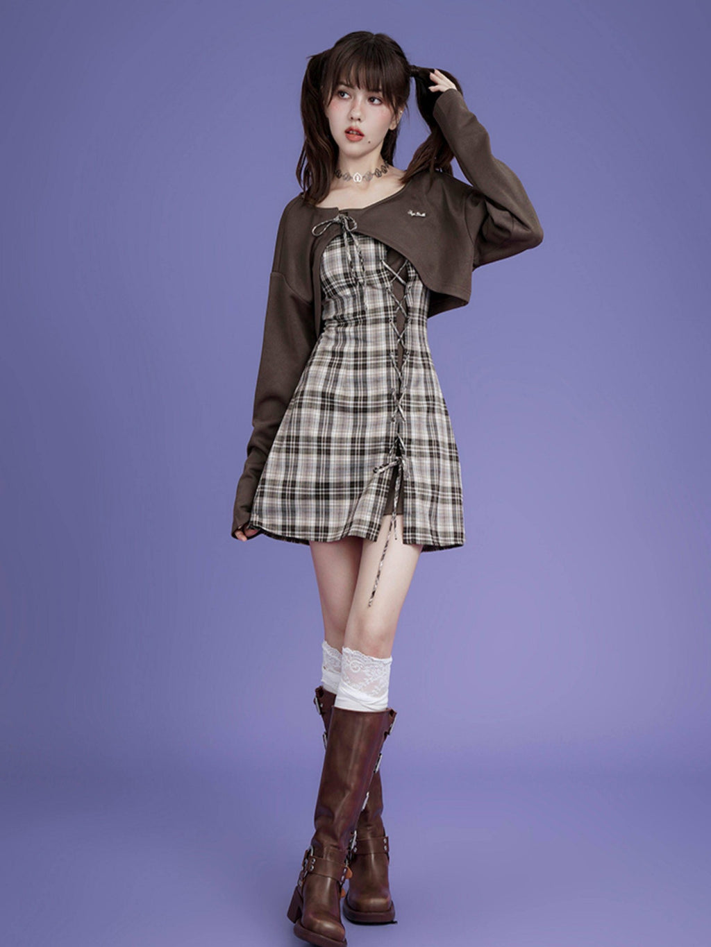 SagiDolls Brown Plaid Spaghetti Strap Two Piece Waist Cinch Women's Polyester Camisoles