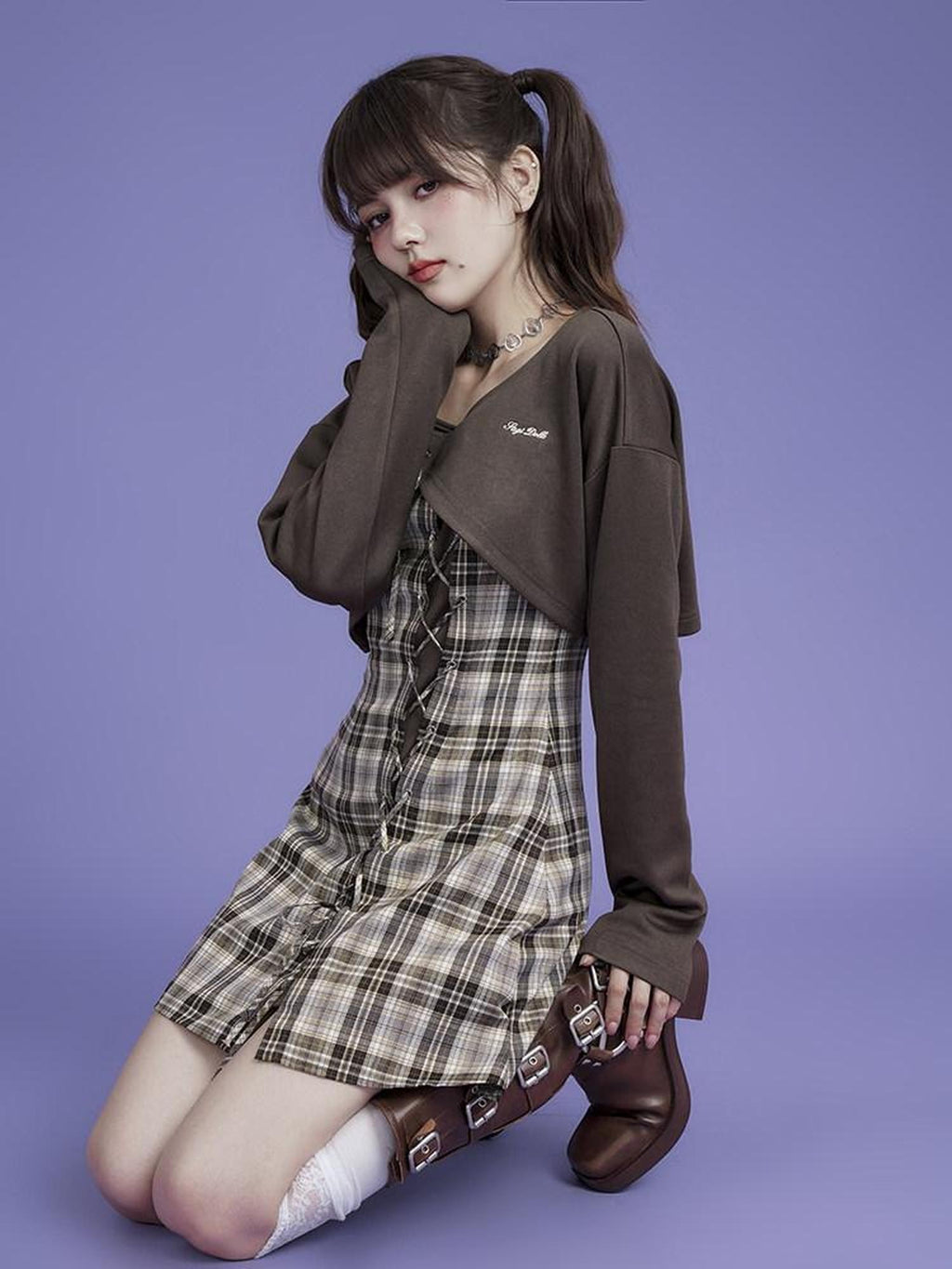 SagiDolls Brown Plaid Spaghetti Strap Two Piece Waist Cinch Women's Polyester Camisoles