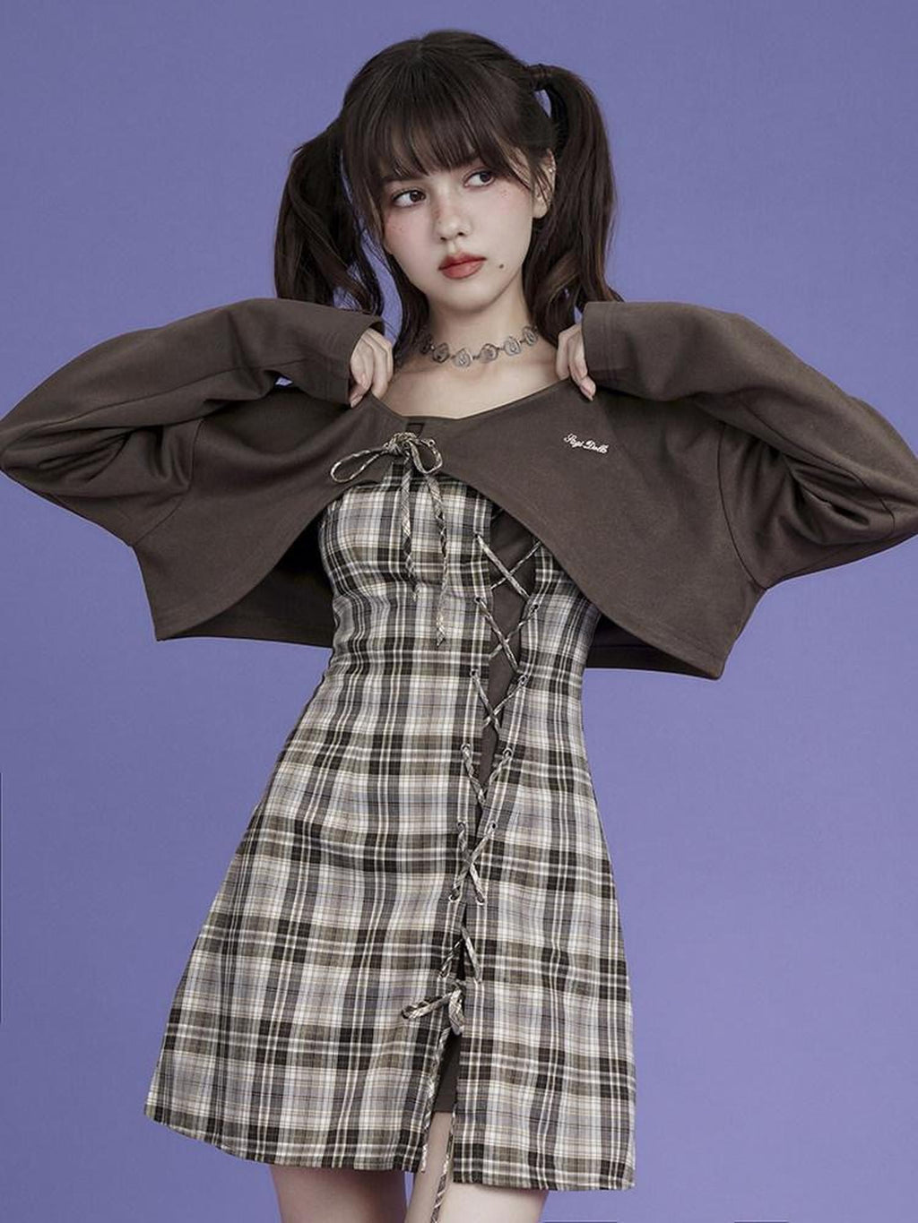 SagiDolls Brown Plaid Spaghetti Strap Two Piece Waist Cinch Women's Polyester Camisoles