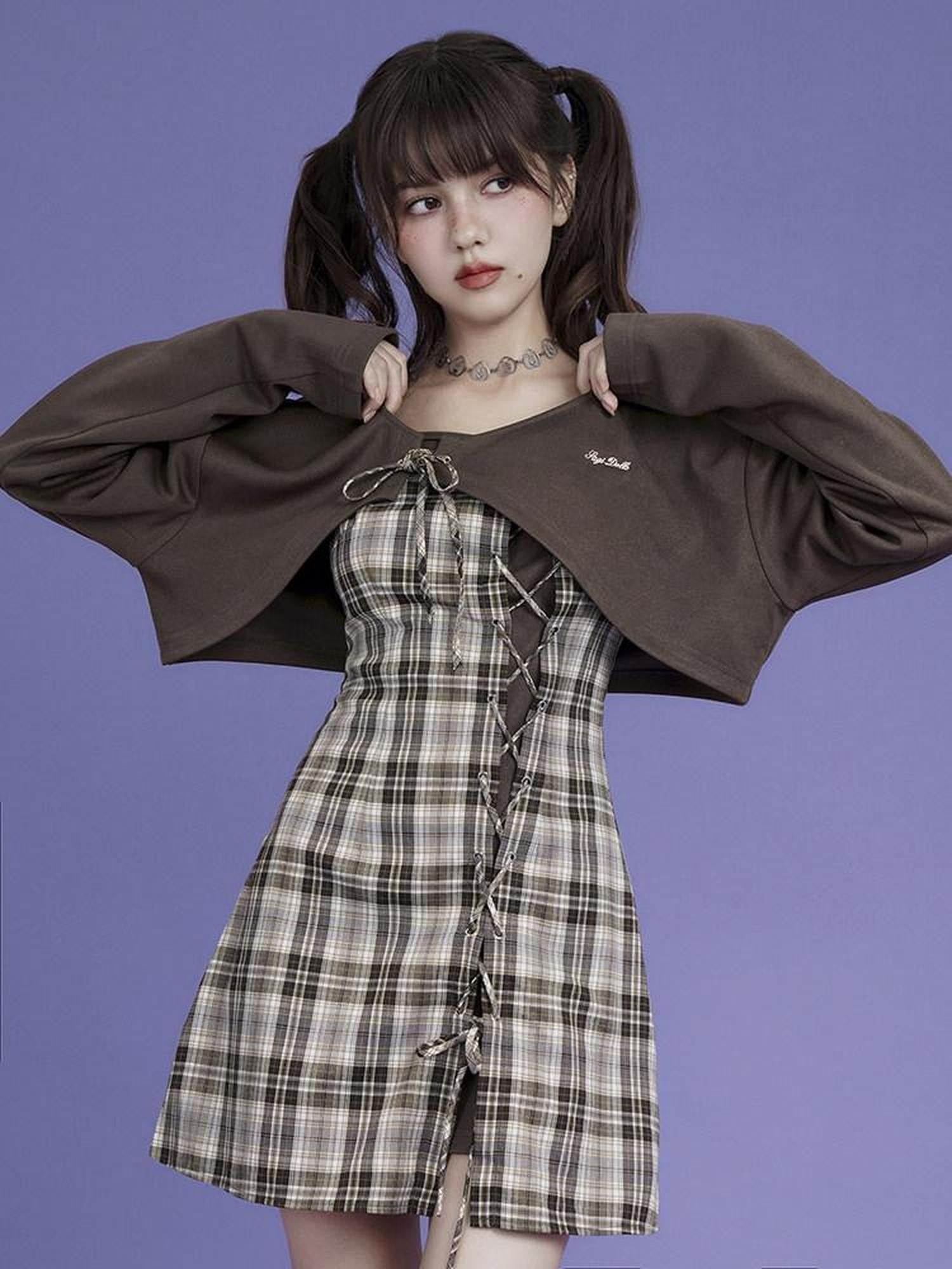SagiDolls Brown Plaid Spaghetti Strap Two Piece Waist Cinch Women's Polyester Camisoles
