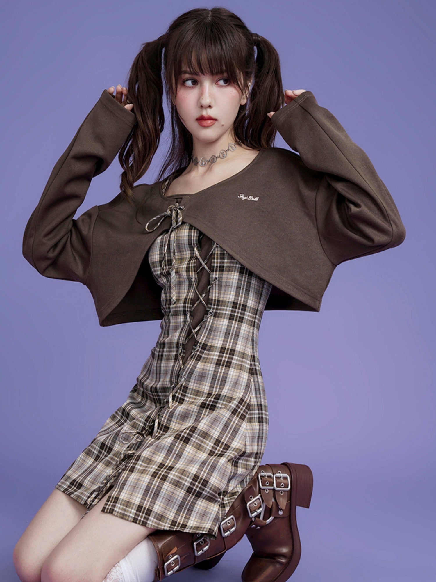 SagiDolls Brown Plaid Spaghetti Strap Two Piece Waist Cinch Women's Polyester Camisoles