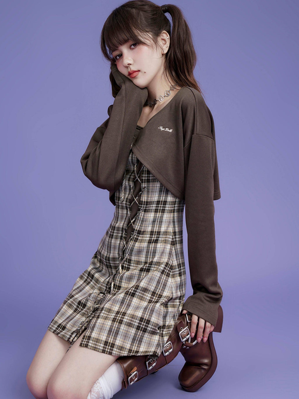 SagiDolls Brown Plaid Spaghetti Strap Two Piece Waist Cinch Women's Polyester Camisoles