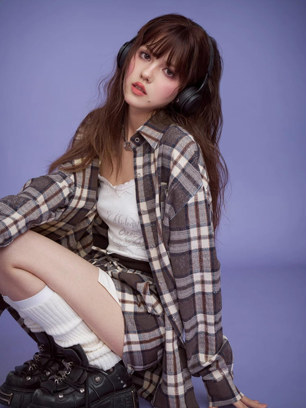 SagiDolls Brown Plaid Topstitch Point Collar Loose Fit Women's Cotton Linen Overshirts