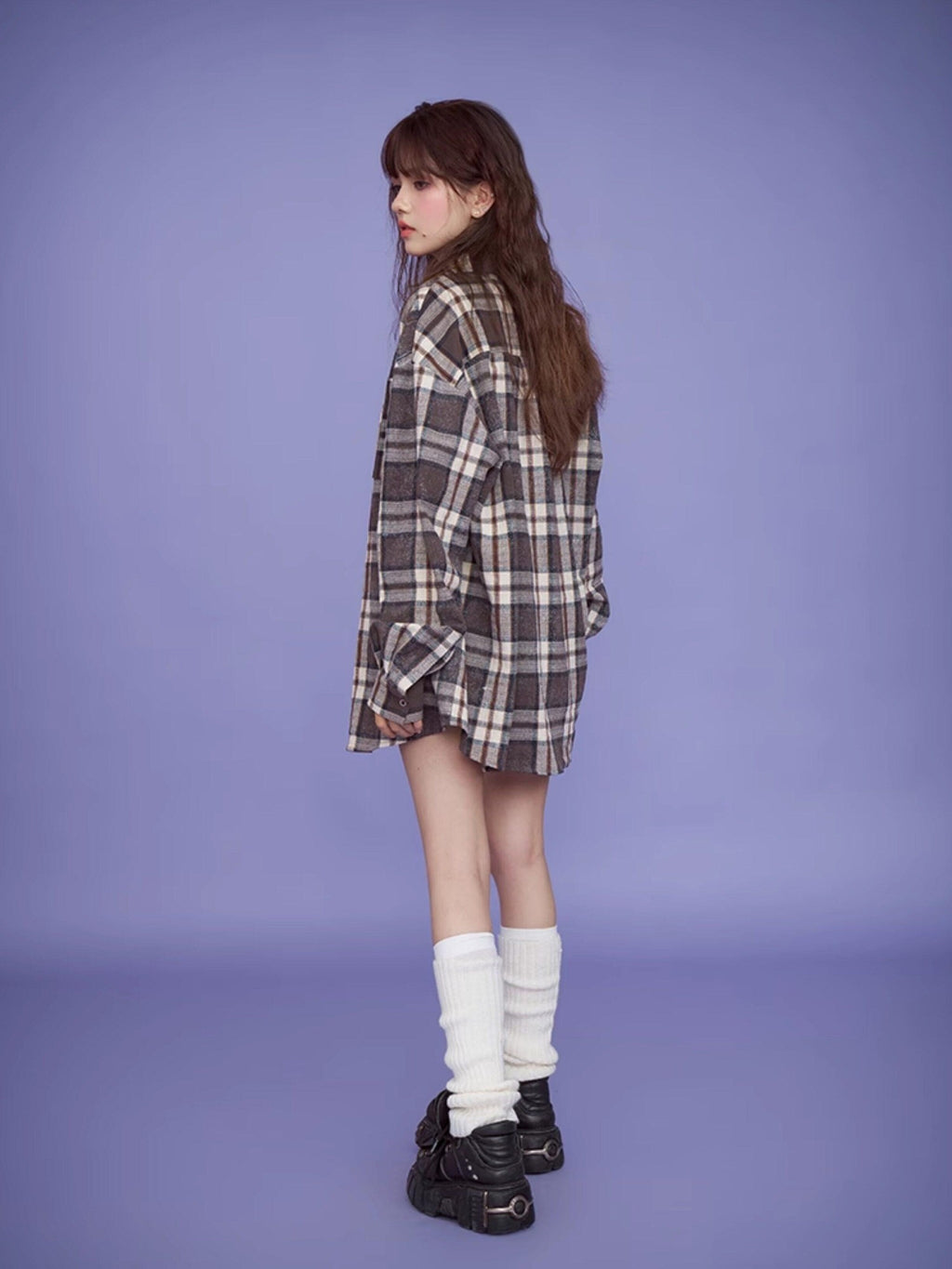 SagiDolls Brown Plaid Topstitch Point Collar Loose Fit Women's Cotton Linen Overshirts
