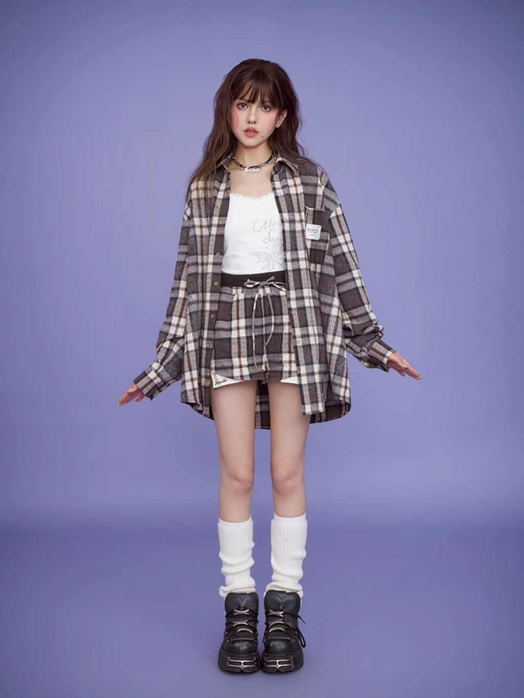 SagiDolls Brown Plaid Topstitch Point Collar Loose Fit Women's Cotton Linen Overshirts