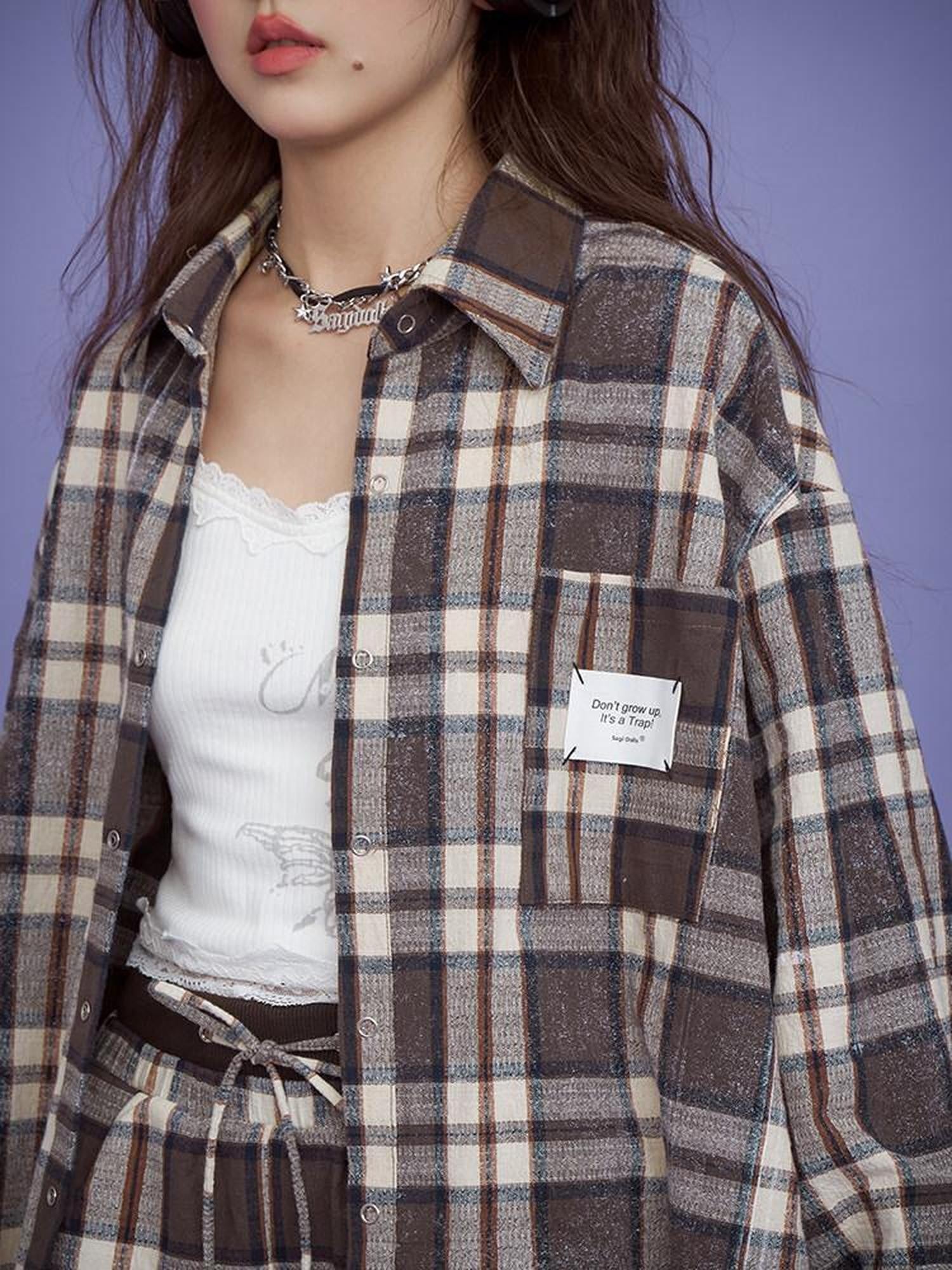 SagiDolls Brown Plaid Topstitch Point Collar Loose Fit Women's Cotton Linen Overshirts