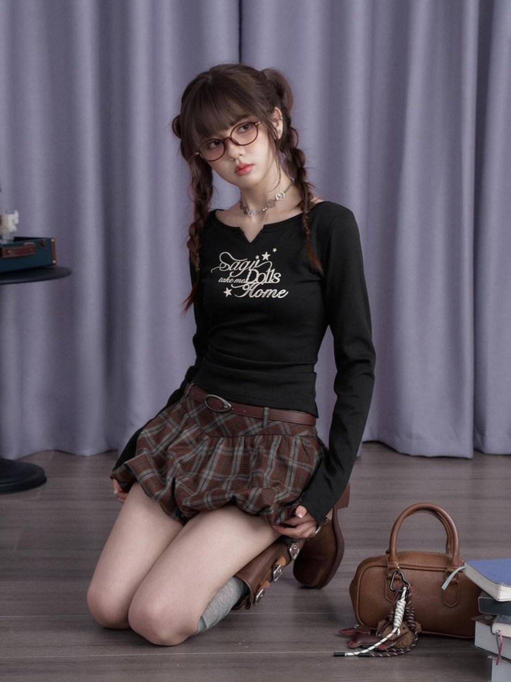 SagiDolls Brown Plaid Tulip Hem Sweet Playful Women's Polyester Blend Belts