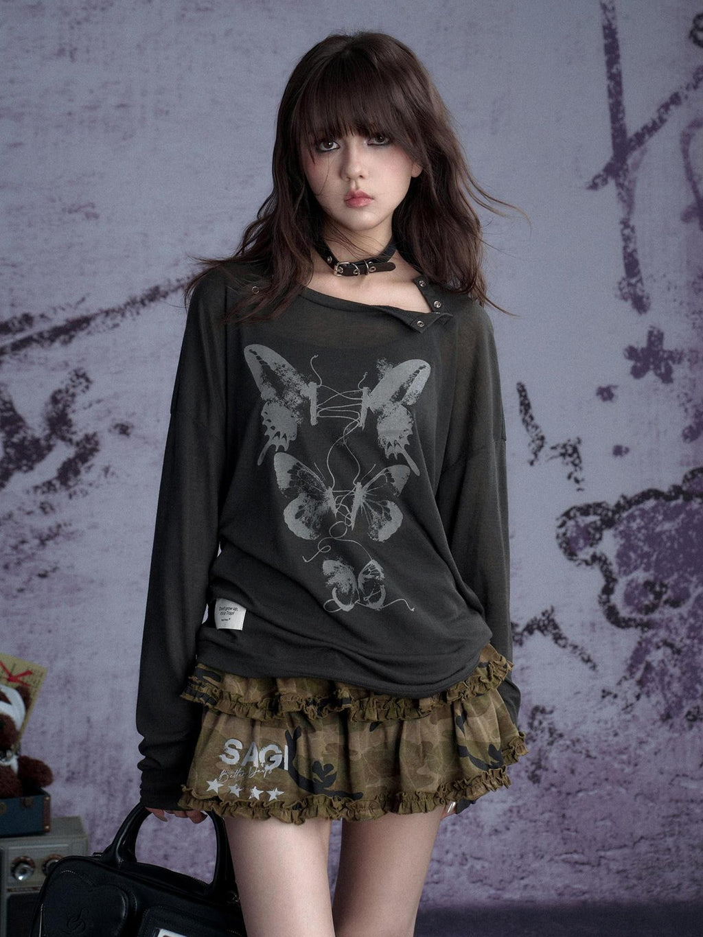 SagiDolls Carbon Gray Butterfly Print Knit Women's Poly Viscose Long Sleeve T-shirts