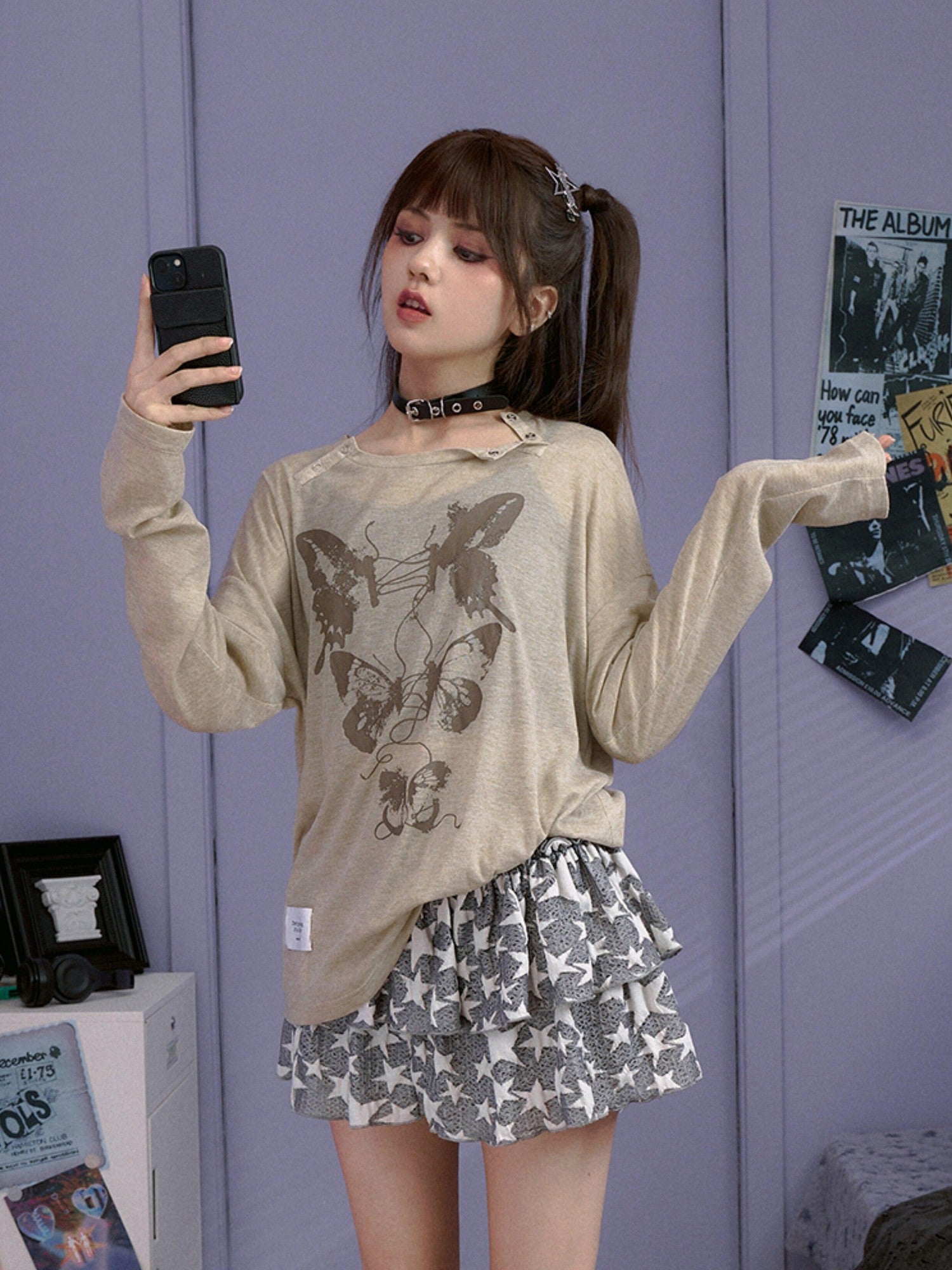 SagiDolls Carbon Gray Butterfly Print Knit Women's Poly Viscose Long Sleeve T-shirts
