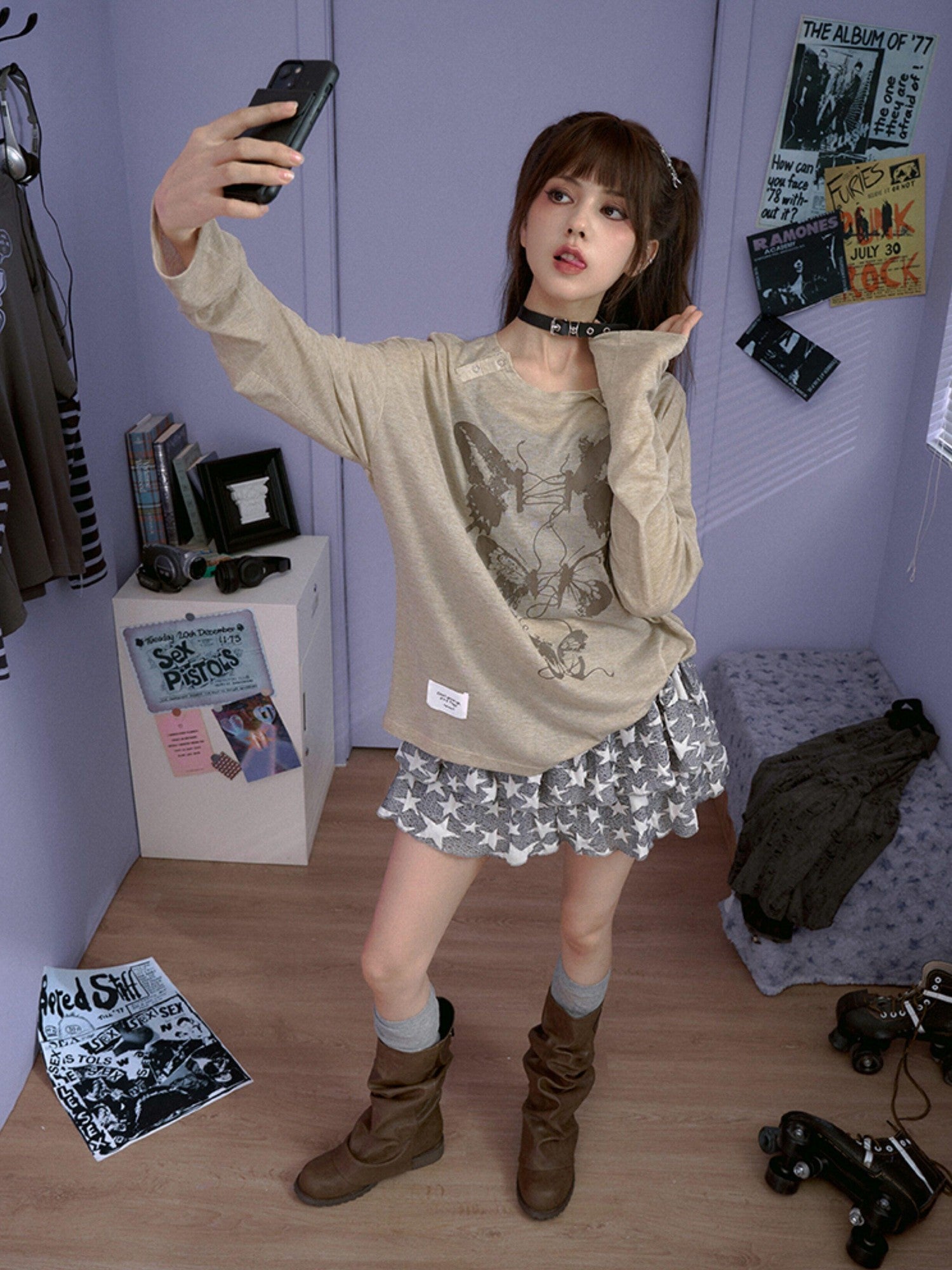 SagiDolls Carbon Gray Butterfly Print Knit Women's Poly Viscose Long Sleeve T-shirts