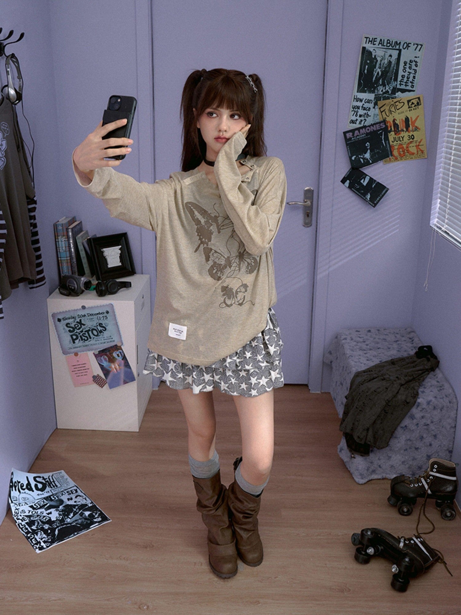 SagiDolls Carbon Gray Butterfly Print Knit Women's Poly Viscose Long Sleeve T-shirts